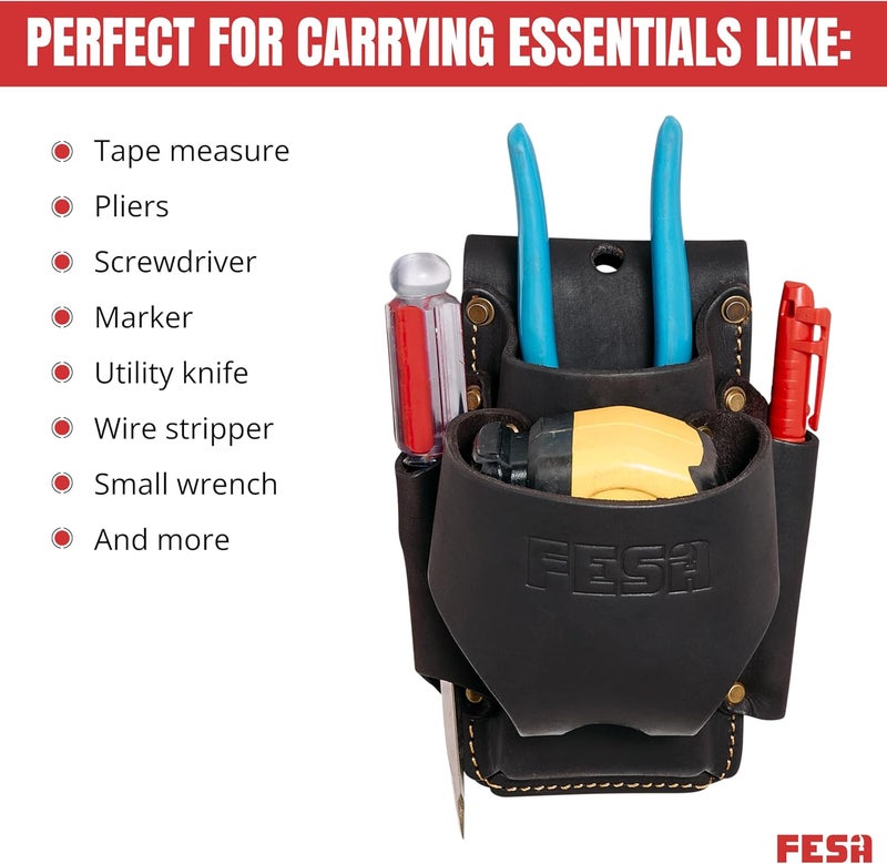 fesa Small Leather Tool Pouch - 4-in-1 Heavy Top Grain Leather Small Tool Pouch with a Tape Measure Holder, 3 Pockets & Reinforced Heavy Duty Rivets - Fits Belts up to 3" - Handcrafted - Image 5